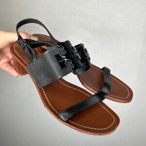 Tory‎ Burch Black Leather Perforated Miller Block Heel Sandals Women's Size 10.5